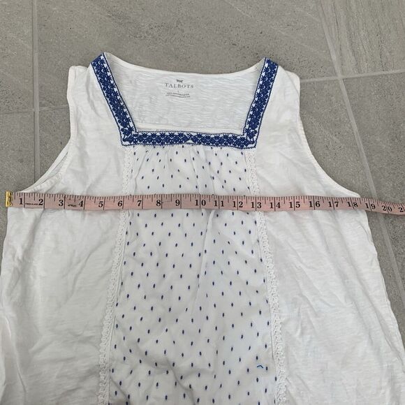 Talbots Womens Top Large Blue White Embroidered Ditzy Lace Trim Sleeveless - Picture 3 of 4